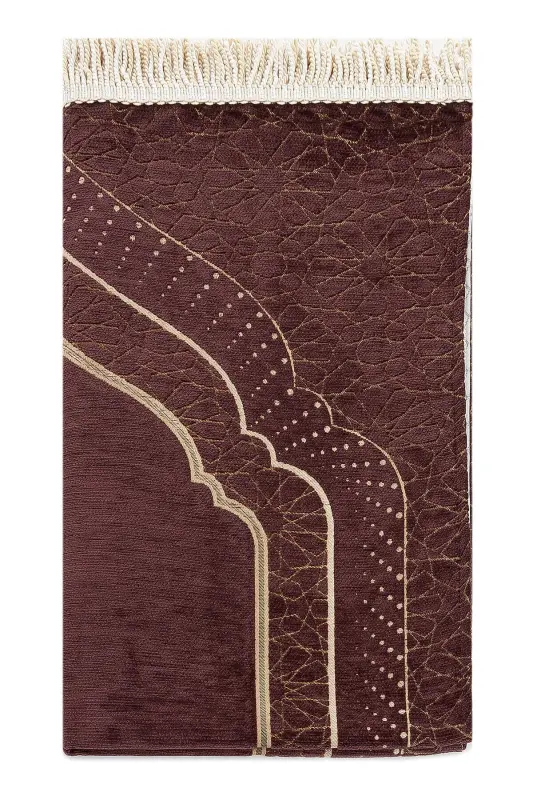 Mihrap Patterned Lined Chenille Prayer Rug - Dark Brown-Dark Brown - 4