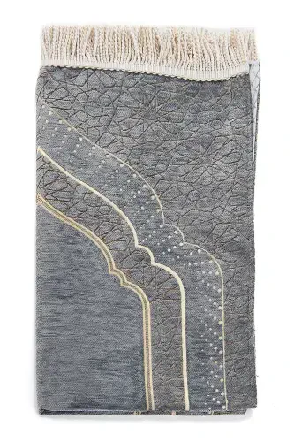 Mihrap Patterned Lined Chenille Prayer Rug - Gray-Gray - IHVAN ONLINE (1)