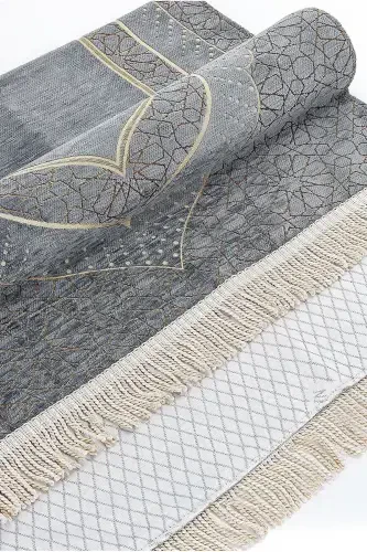 Mihrap Patterned Lined Chenille Prayer Rug - Gray-Gray - 4