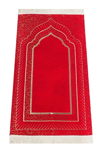 Mihrap Patterned Lined Chenille Prayer Rug - Red-Red - 1