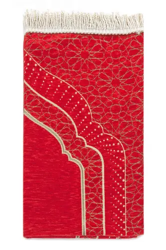 Mihrap Patterned Lined Chenille Prayer Rug - Red-Red - IHVAN ONLINE (1)