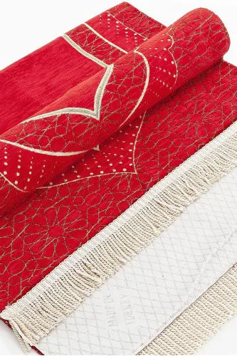 Mihrap Patterned Lined Chenille Prayer Rug - Red-Red - 4