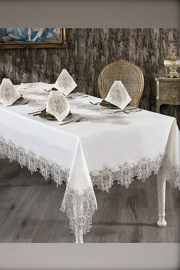 Mihrimah Cream Lace Dowry 26 Piece 12 Person Dinner Tablecloth Set Runner Set - 1