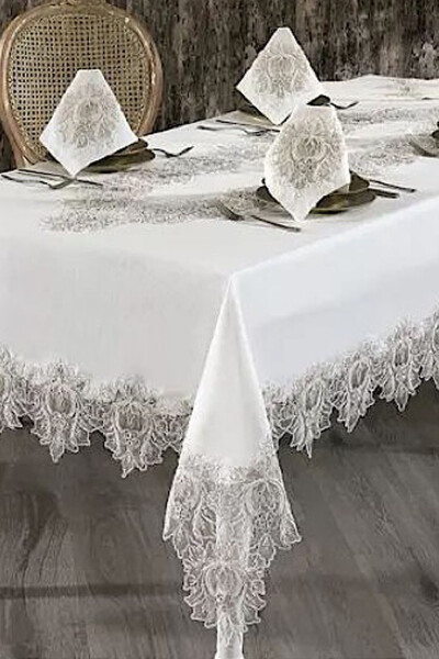 Mihrimah Cream Lace Dowry 26 Piece 12 Person Dinner Tablecloth Set Runner Set - 2