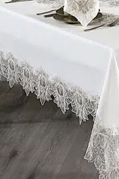 Mihrimah Cream Lace Dowry 26 Piece 12 Person Dinner Tablecloth Set Runner Set - 3