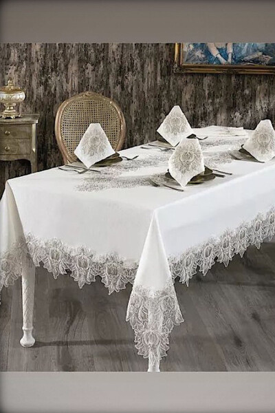 Mihrimah Cream Lace Dowry 26 Piece 12 Person Dinner Tablecloth Set Runner Set - 4