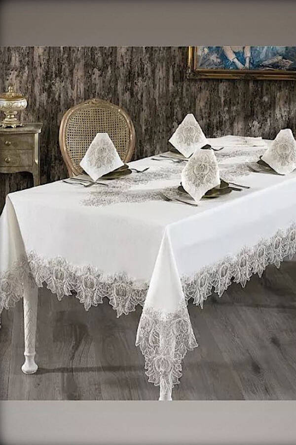 Mihrimah Cream Lace Dowry 26 Piece 12 Person Dinner Tablecloth Set Runner Set - 4