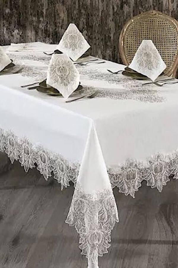 Mihrimah Cream Lace Dowry 26 Piece 12 Person Dinner Tablecloth Set Runner Set - 5