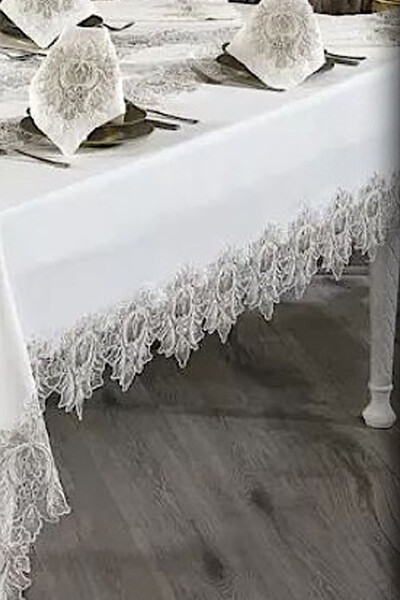 Mihrimah Cream Lace Dowry 26 Piece 12 Person Dinner Tablecloth Set Runner Set - 6