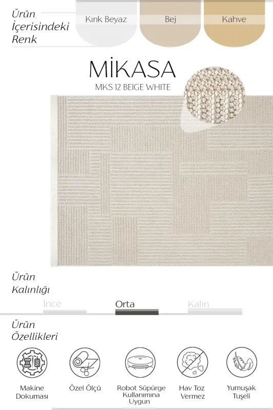 Mikasa Bej Bukle Halı Yumuşak Kabartmalı Dört Mevsim Yatak Odası Ev Oda Oturma Odası Salon Halısı-Bej Beyaz 1 - 2