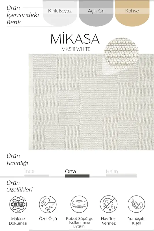 Mikasa Beyaz Salon Halısı Makine Dokuması Modern Yumuşak Bukle Kabartmalı Ev Oda Oturma Odası Halısı - Beyaz 11 - 2
