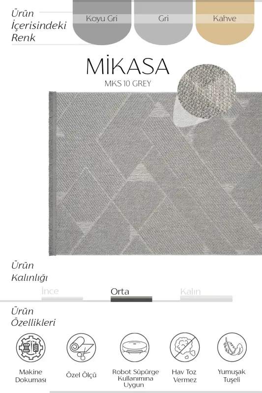 Mikasa Gri Oturma Odası Salon Halısı Geometrik Desenli Modern Yumuşak Dokulu Bukleli Ev Oda Halısı-Gri 10 - 2
