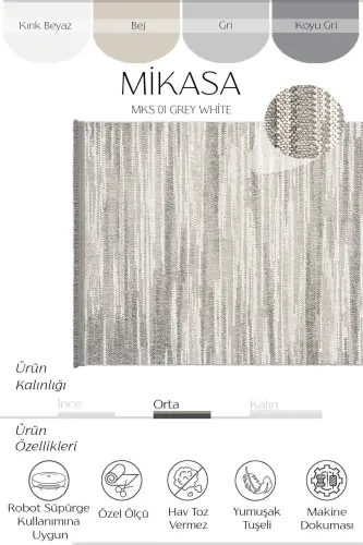 Mikasa Mks 01 Gri Beyaz Yumuşak Dokulu Halı Kilim Salon Koridor Kesme Yolluk Dokuma Makine Halısı-Gri Beyaz - COOL HALI (1)