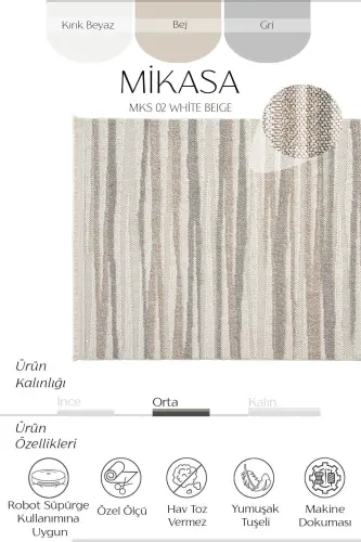 Mikasa Mks 02 Beyaz Bej Yumuşak Dokulu Halı Kilim Salon Koridor Kesme Yolluk Dokuma Makine Halısı - Beyaz Bej - 6
