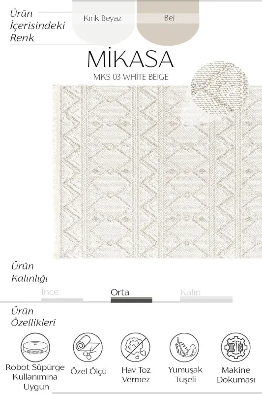 Mikasa Mks 03 Beyaz Bej Yumuşak Dokulu Halı Kilim Salon Koridor Yolluk Dokuma Makine Halısı - Beyaz Bej 1 - 1