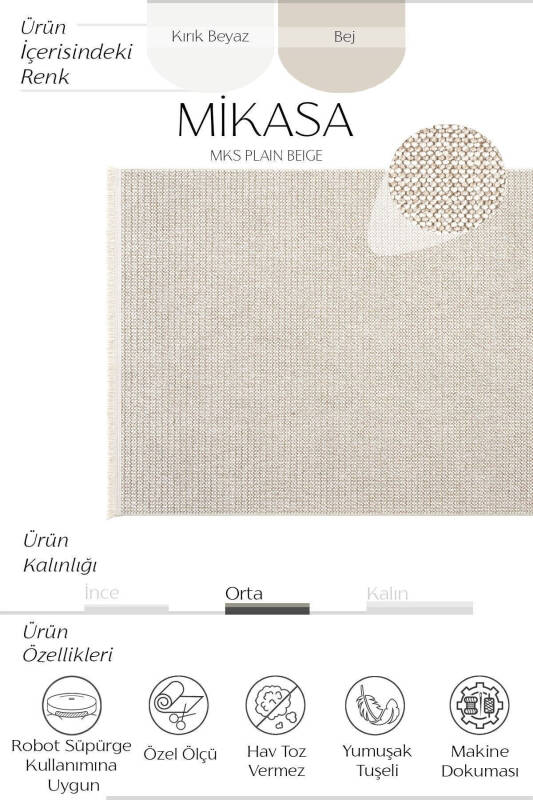 Mikasa Mks Plain Bej Yumuşak Dokulu Halı Kilim Salon Koridor Kesme Yolluk Dokuma Makine Halısı - Bej - 2