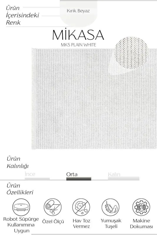 Mikasa Mks Plain Beyaz Yumuşak Dokulu Halı Kilim Salon Koridor Kesme Yolluk Dokuma Makine Halısı - Beyaz - 4