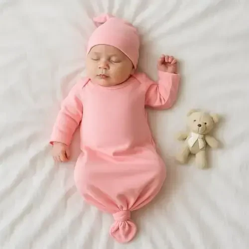 Mikccer Baby Girl Gown 0-6 Months, Super Soft Newborn Sleepers Gown, Long Sleeve Newborns Nightgown for Girls, Baby Girl Outfit Essential with Folding Gloves Hat Set Salmon Powder - 6