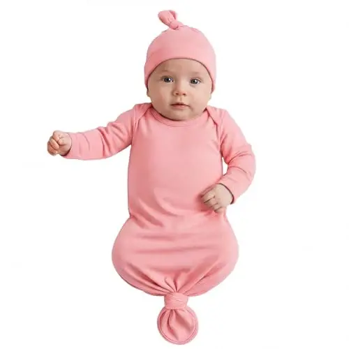 Mikccer Baby Girl Gown 0-6 Months, Super Soft Newborn Sleepers Gown, Long Sleeve Newborns Nightgown for Girls, Baby Girl Outfit Essential with Folding Gloves Hat Set Salmon Powder - 1