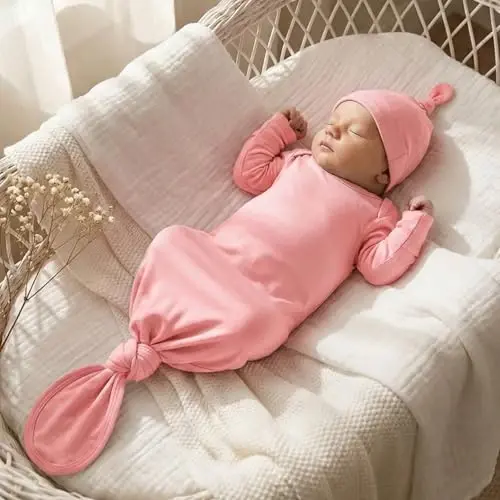 Mikccer Baby Girl Gown 0-6 Months, Super Soft Newborn Sleepers Gown, Long Sleeve Newborns Nightgown for Girls, Baby Girl Outfit Essential with Folding Gloves Hat Set Salmon Powder - 3