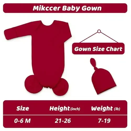Mikccer Baby Girl Gown 0-6 Months, Super Soft Newborn Sleepers Gown, Long Sleeve Newborns Nightgown for Girls, Baby Girl Outfit Essential with Folding Gloves Hat Set Red - 4