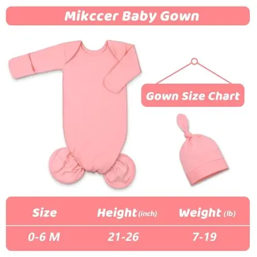 Mikccer Baby Girl Gown 0-6 Months, Super Soft Newborn Sleepers Gown, Long Sleeve Newborns Nightgown for Girls, Baby Girl Outfit Essential with Folding Gloves Hat Set Salmon Powder - 5