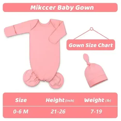 Mikccer Baby Girl Gown 0-6 Months, Super Soft Newborn Sleepers Gown, Long Sleeve Newborns Nightgown for Girls, Baby Girl Outfit Essential with Folding Gloves Hat Set Salmon Powder - 5