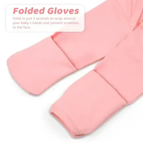 Mikccer Baby Girl Gown 0-6 Months, Super Soft Newborn Sleepers Gown, Long Sleeve Newborns Nightgown for Girls, Baby Girl Outfit Essential with Folding Gloves Hat Set Salmon Powder - 4