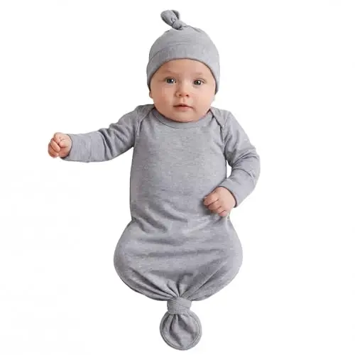 Mikccer Newborn Knotted Baby Gown 0-6 Months, Super Soft Breathable Nightgowns for Babies Girl and Boy, Baby Girls Coming Home Hospital Outfit with Hat Set Grey - 1