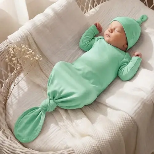 Mikccer Newborn Knotted Baby Gown 0-6 Months, Super Soft Breathable Nightgowns for Babies Girl and Boy, Baby Girls Coming Home Hospital Outfit with Hat Set Mint Green - 3