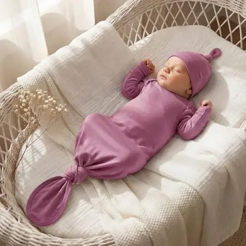 Mikccer Newborn Knotted Baby Gown 0-6 Months, Super Soft Breathable Nightgowns for Babies Girl and Boy, Baby Girls Coming Home Hospital Outfit with Hat Set Rose - 3