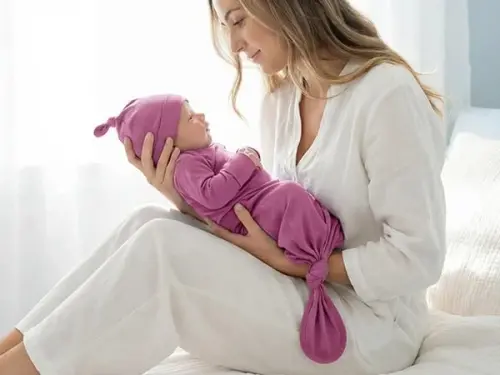 Mikccer Newborn Knotted Baby Gown 0-6 Months, Super Soft Breathable Nightgowns for Babies Girl and Boy, Baby Girls Coming Home Hospital Outfit with Hat Set Rose - 5