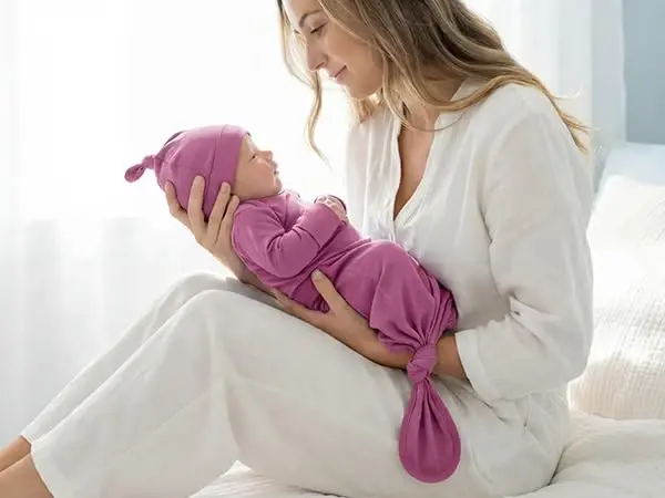 Mikccer Newborn Knotted Baby Gown 0-6 Months, Super Soft Breathable Nightgowns for Babies Girl and Boy, Baby Girls Coming Home Hospital Outfit with Hat Set Rose - 5