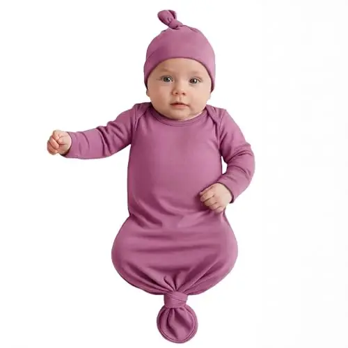 Mikccer Newborn Knotted Baby Gown 0-6 Months, Super Soft Breathable Nightgowns for Babies Girl and Boy, Baby Girls Coming Home Hospital Outfit with Hat Set Rose 