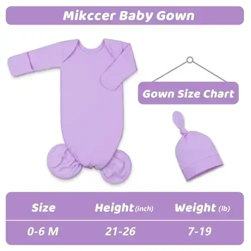 Mikccer Newborn Knotted Baby Gown 0-6 Months, Super Soft Breathable Nightgowns for Babies Girl, Baby Girls Coming Home Hospital Outfit with Hat Set Purple - 4
