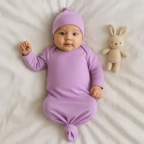 Mikccer Newborn Tug'ilgan Chaqaloq Tugunli Ko'ylak 0-6 Oy, Super Yumshoq Nafas Oluvchi Tunliklar Chaqaloqlar Qiz uchun, Chaqaloq Qizlar Uyga Kelayotgan Kasalxona Kiyimi Shapka bilan Binafsha Rang - 7