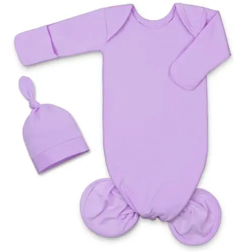 Mikccer Newborn Tug'ilgan Chaqaloq Tugunli Ko'ylak 0-6 Oy, Super Yumshoq Nafas Oluvchi Tunliklar Chaqaloqlar Qiz uchun, Chaqaloq Qizlar Uyga Kelayotgan Kasalxona Kiyimi Shapka bilan Binafsha Rang - 1
