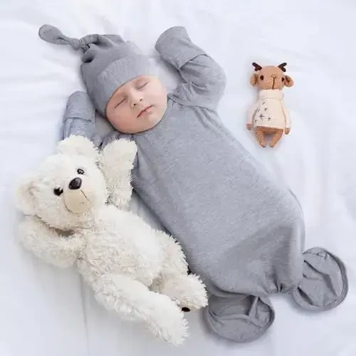 Mikccer Newborn Knotted Baby Gown 0-6 Months, Super Soft Breathable Nightgowns for Babies Girl and Boy, Baby Girls Coming Home Hospital Outfit with Hat Set Grey - 7
