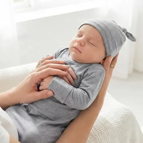 Mikccer Newborn Knotted Baby Gown 0-6 Months, Super Soft Breathable Nightgowns for Babies Girl and Boy, Baby Girls Coming Home Hospital Outfit with Hat Set Grey - 2