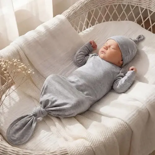 Mikccer Newborn Knotted Baby Gown 0-6 Months, Super Soft Breathable Nightgowns for Babies Girl and Boy, Baby Girls Coming Home Hospital Outfit with Hat Set Grey - 4