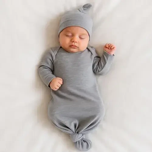Mikccer Newborn Knotted Baby Gown 0-6 Months, Super Soft Breathable Nightgowns for Babies Girl and Boy, Baby Girls Coming Home Hospital Outfit with Hat Set Grey - 4
