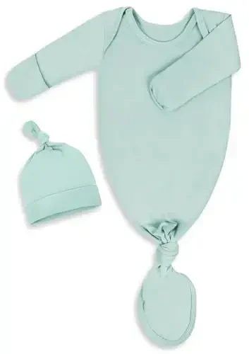 Mikccer Newborn Knotted Baby Gown 0-6 Months, Super Soft Breathable Nightgowns for Babies Girl and Boy, Baby Girls Coming Home Hospital Outfit with Hat Set Mint Green 