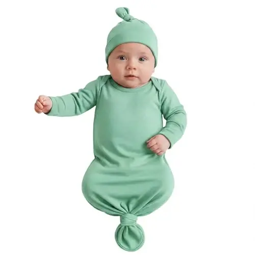 Mikccer Newborn Knotted Baby Gown 0-6 Months, Super Soft Breathable Nightgowns for Babies Girl and Boy, Baby Girls Coming Home Hospital Outfit with Hat Set Mint Green - MIKCCER