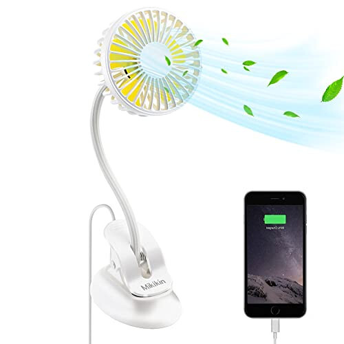 Mikikin Clip on Fan Small Mini Fan, Portable Usb Battery Operated Fan, Rechargeable Baby Stroller Fan, Quiet Personal Desk Fan 3 Speeds Flexible Neck Great for Bed Office Car Dorm Camping Beach, White - Mikikin