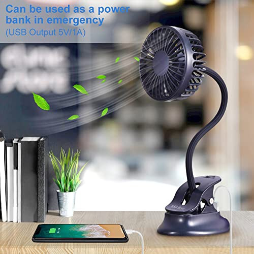 Mikikin Clip on Small Mini Fan, Portable Usb Battery Operated Rechargeable Quiet Personal Desk/ Baby Stroller Fan 3 Speeds Flexible Neck Great for Bed Office Car Dorm Travel Camping Beach - Mikikin (1)