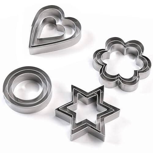 Mikim Mini Cookie Cutters Set Heart Round Flower Star Shapes, 12Pcs Stainless Steel Fruit Veggie Cutter, Small Metal Biscuit Molds for Baking - 1