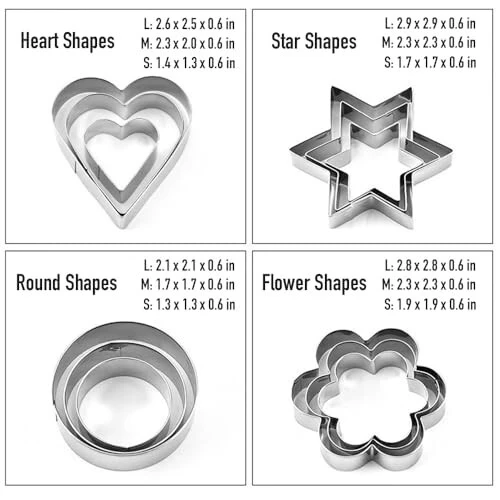 Mikim Mini Cookie Cutters Set Heart Round Flower Star Shapes, 12Pcs Stainless Steel Fruit Veggie Cutter, Small Metal Biscuit Molds for Baking - 6