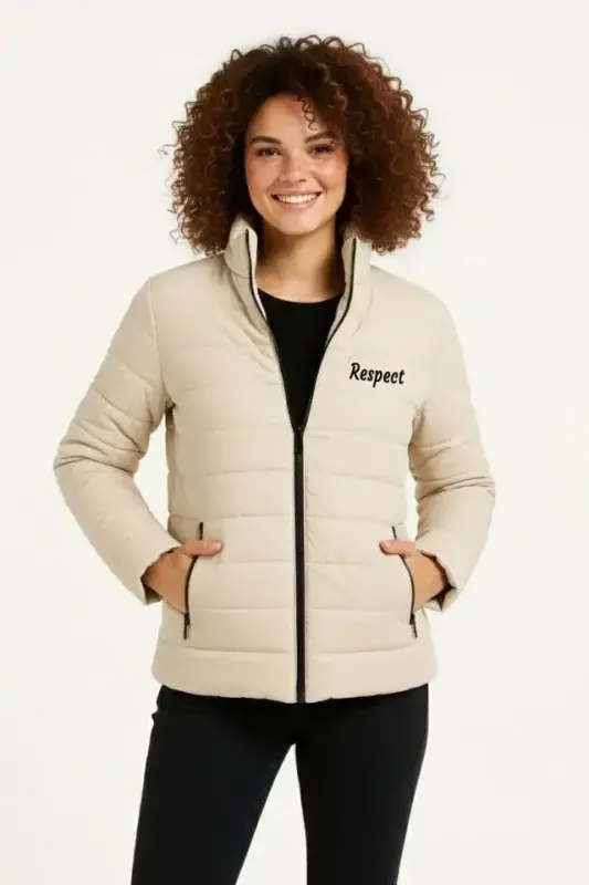 Mikro Su İtici Kapitone Baskılı Astarlı Fermuarlı Bomber Mont - Bej - BÜYÜKBEDENIZ