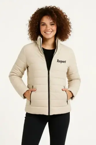 Mikro Su İtici Kapitone Baskılı Astarlı Fermuarlı Bomber Mont - Bej - 1