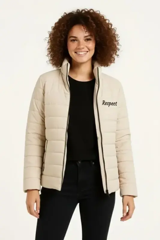 Mikro Su İtici Kapitone Baskılı Astarlı Fermuarlı Bomber Mont - Bej - 4